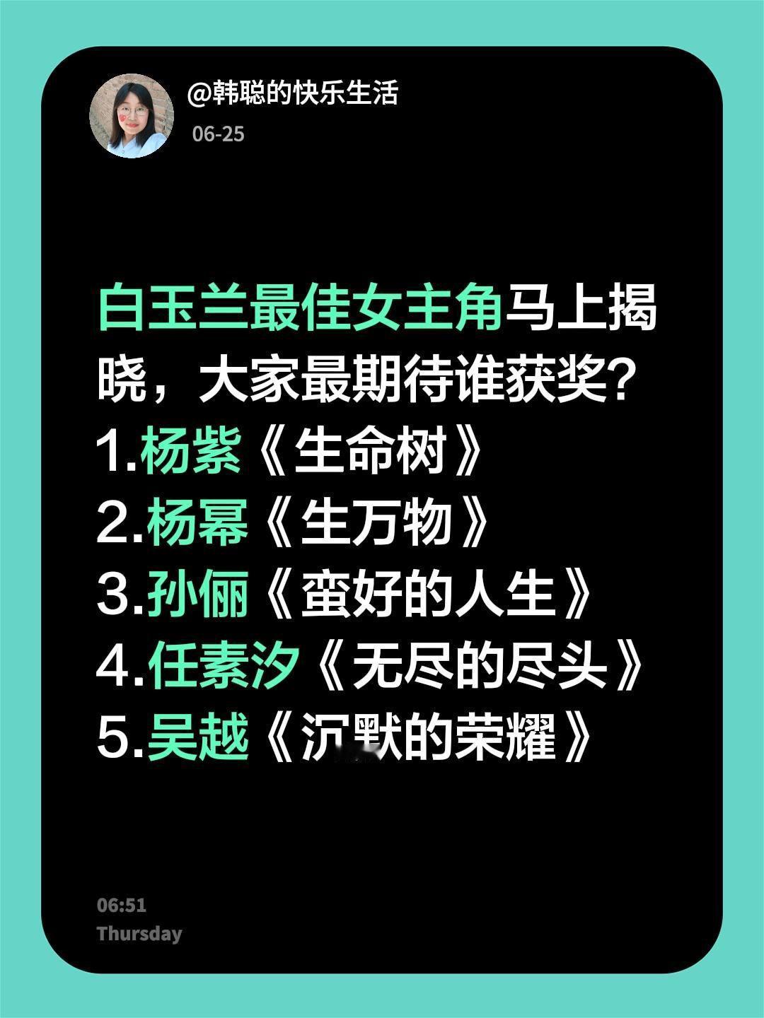 白玉兰最佳女主角马上揭晓，大家最期待谁获奖？
1.杨紫《生命树》
2.杨幂《生万
