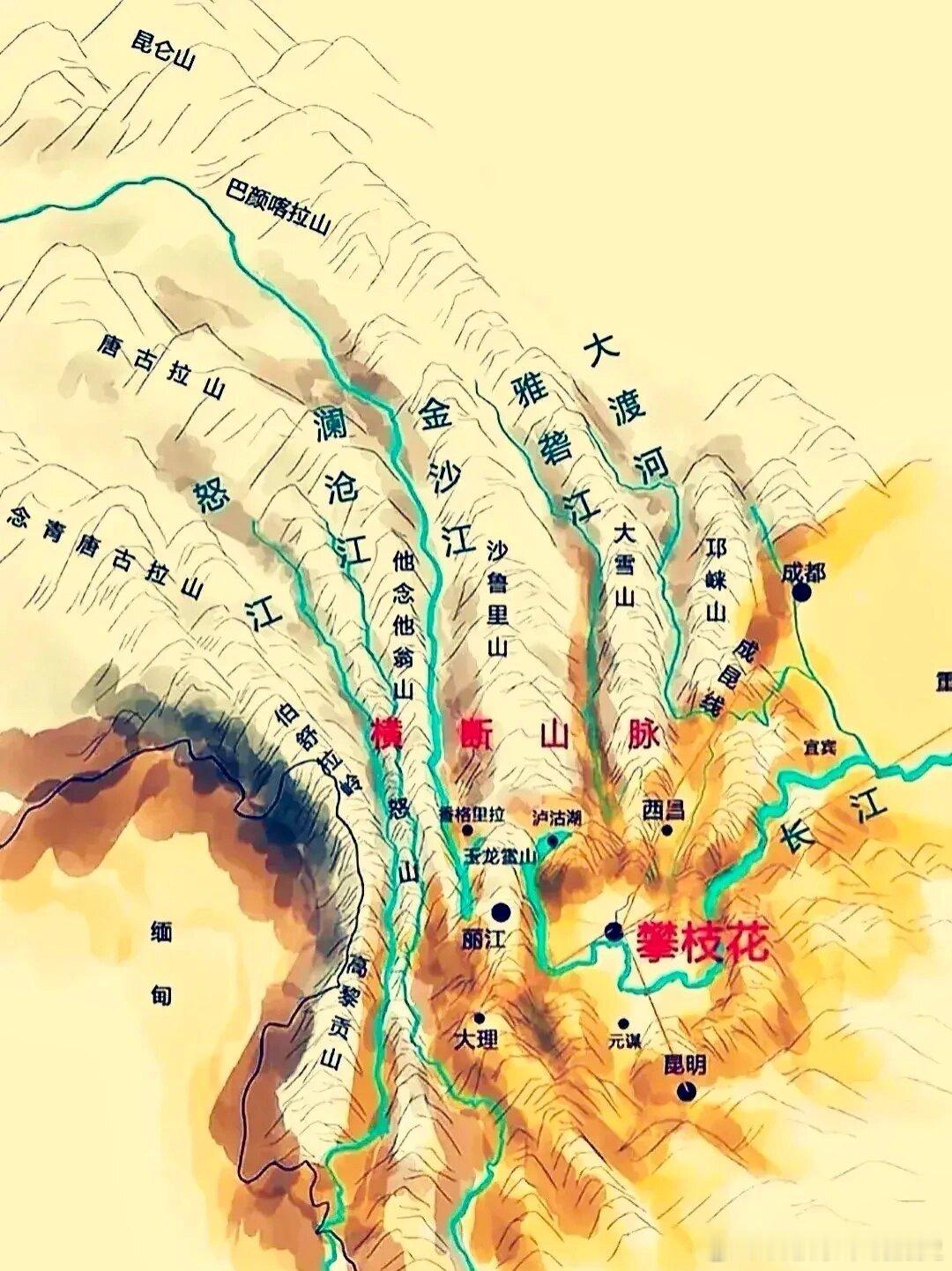 横断山脉七山里，六江并流。板块运动形成地表大褶子，造就自然奇观。 ​​​