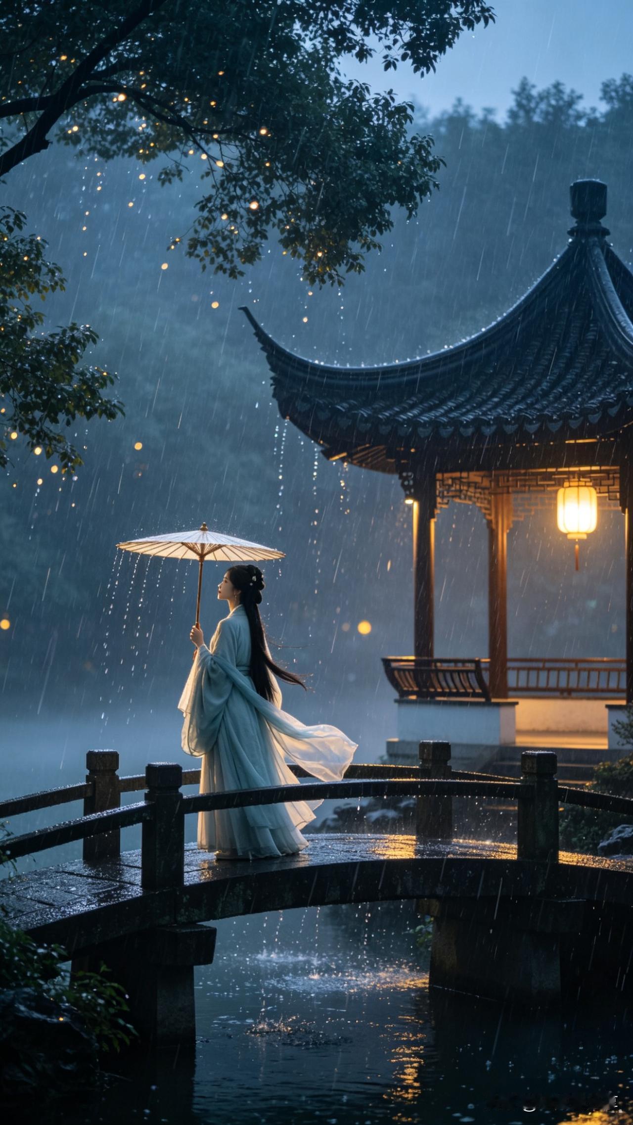 鹧鸪天·雨夜凭栏

细雨如丝落晚汀，孤亭独影立桥亭。
青衫湿透风微动，素伞轻擎月