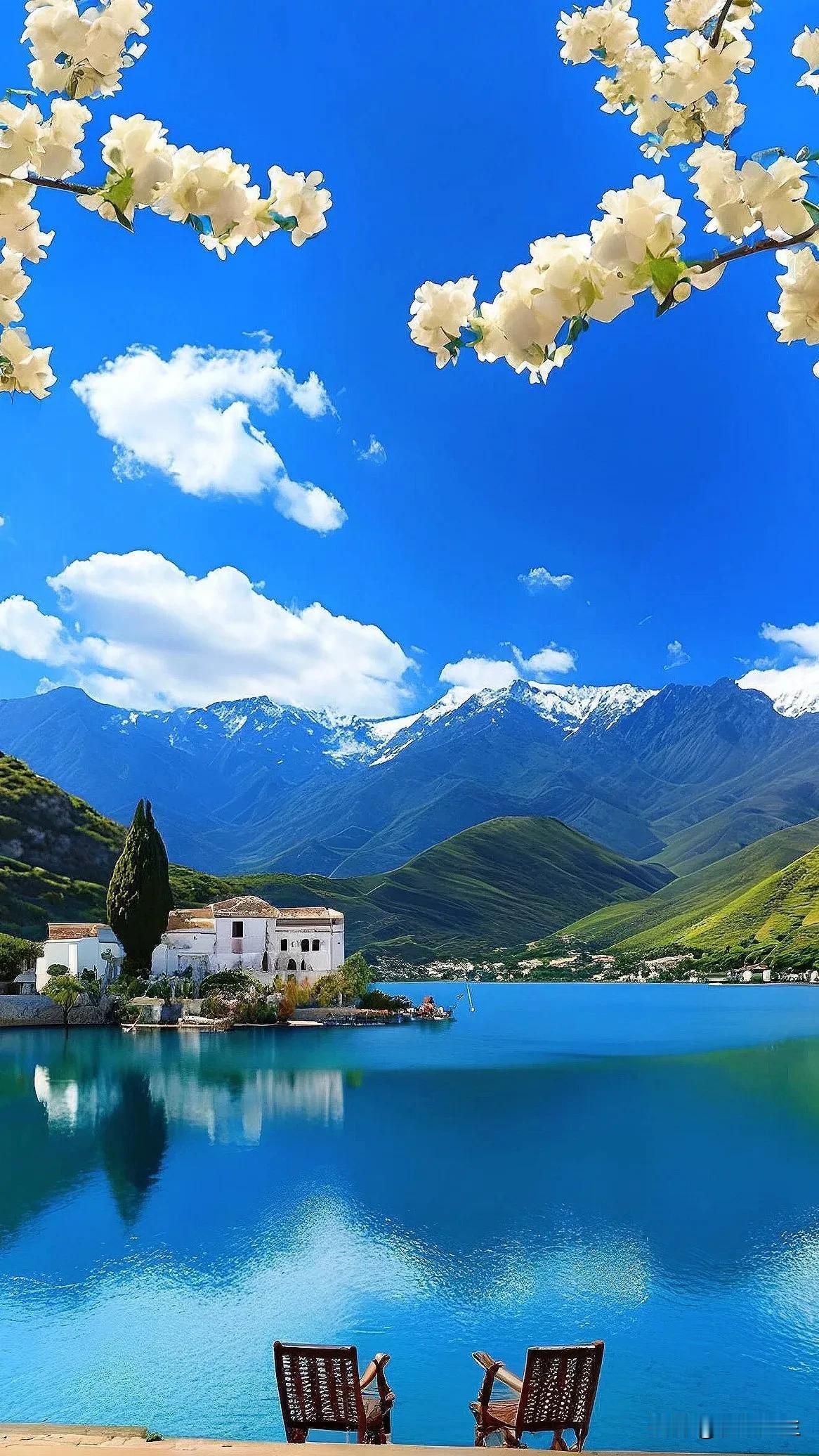 花开湖畔，春意满园。#美景图片分亨# #治愈系美景照# #美景图片分亨# #美景