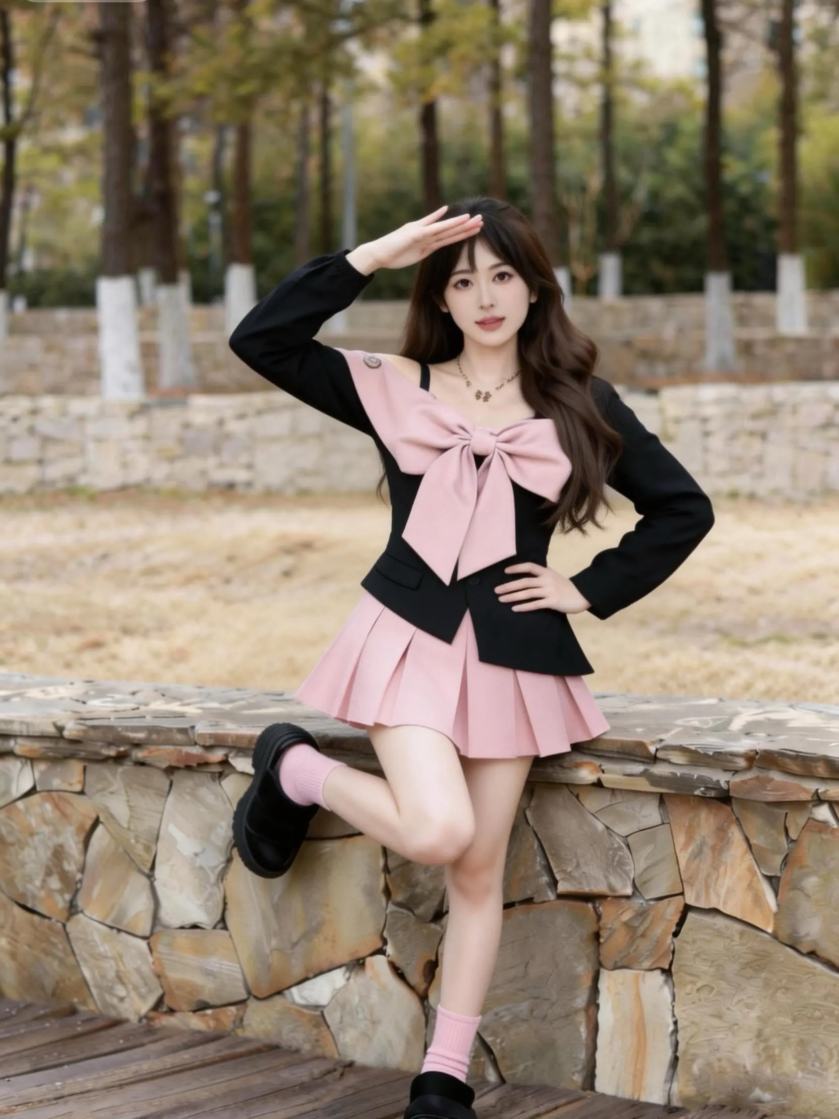 谁能拒绝粉黑蝴蝶结！学院风套装也太甜了吧。       一套出门不用想...