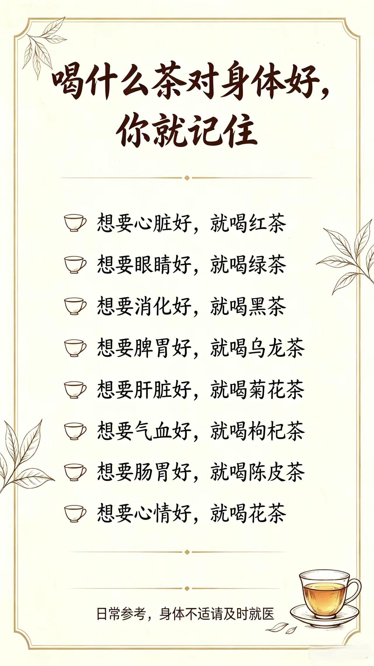 喝什么茶对身体好，记住这几句就够了！

想要心脏好，多喝红茶；
想要眼睛好，就喝