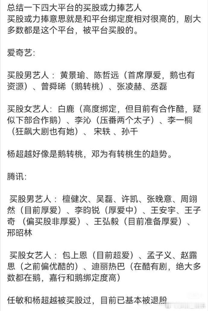 四大平台力捧艺人  四大平台买股艺人 网友总结的这波艺人名单，爱奇艺和腾讯的阵容