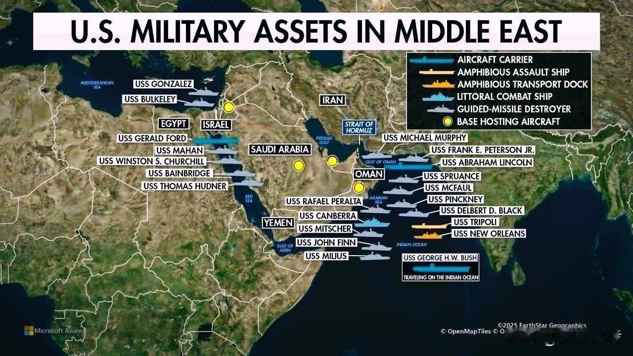 美军在整个地区（从地中海至阿拉伯海）部署了大规模海军力量，其中包括多艘航空母舰、