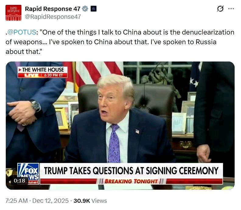 我与中国讨论的事情之一是武器的去核化……我已经和中国谈过这件事，我也和俄罗斯谈过