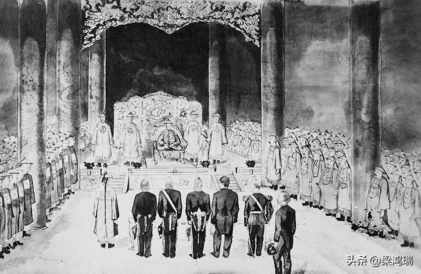 1873年6月29日，清朝同治皇帝在北京紫禁城首次接见外国公使的历史瞬间。 
