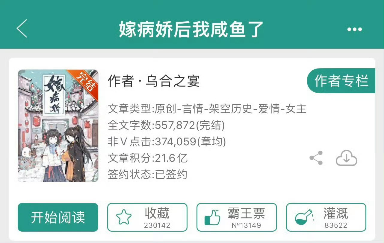小说推荐：《嫁病娇后我咸鱼了》 作者:乌合之宴简评：咸鱼娇软公主vs纯情自卑将军