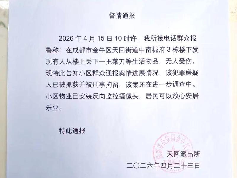 成都一小区菜刀“从天而降”，砸在儿童游乐区，让不少居民感到后怕。

近日，成都中