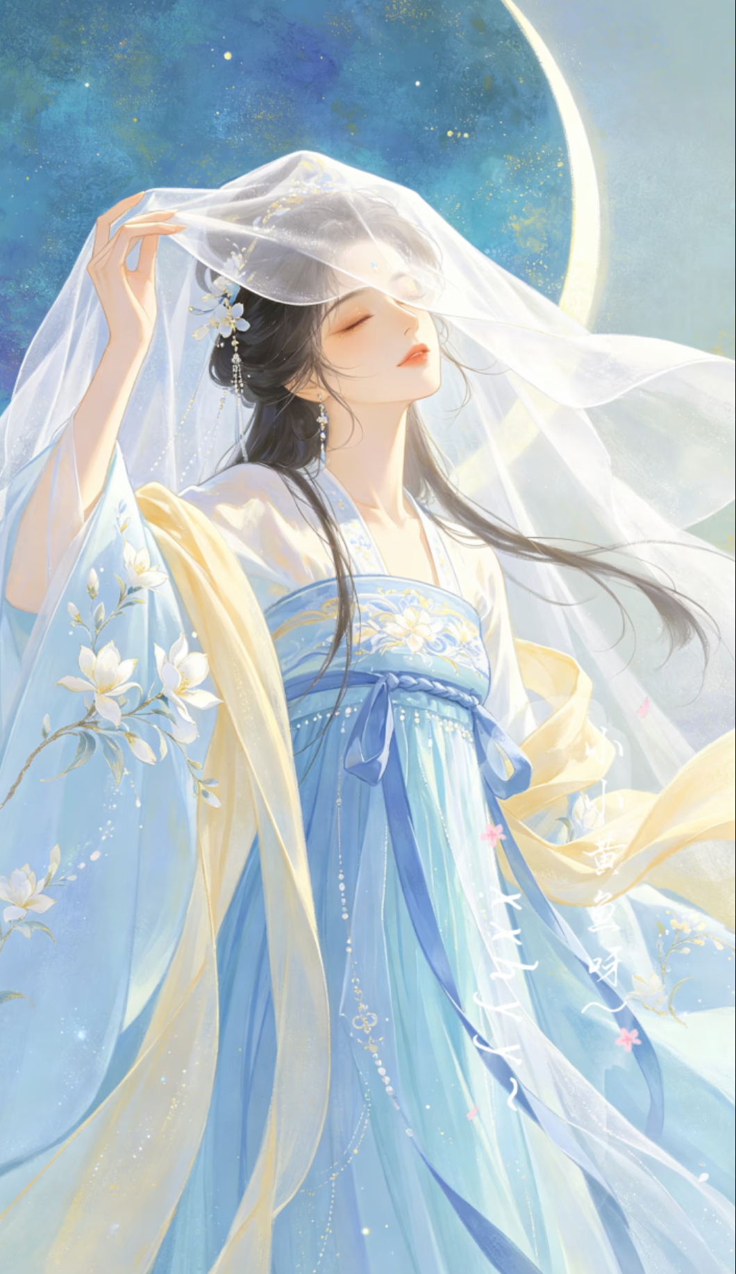 水彩国风|新古风厚涂|鎏金质感|古风女头立于星月之下闭目祈愿，不求风月无疆，只盼