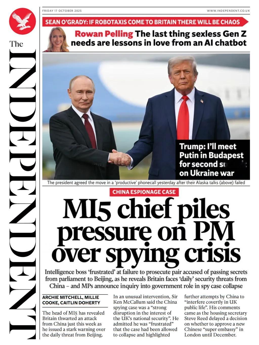 英国的情报头子持续散播有关中国的谣言。
英国《独立报》报道称，英国军情五处（MI
