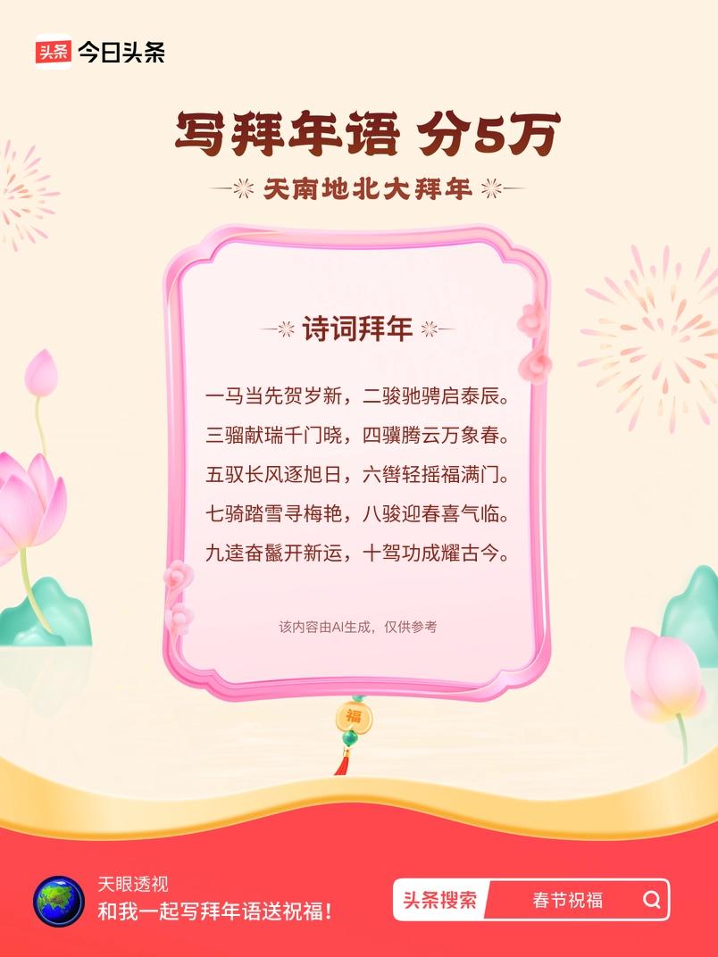 三骝献瑞千门晓，四骥腾云万象春。 五驭长风逐旭日，六辔轻摇福满门。 七骑踏雪寻梅