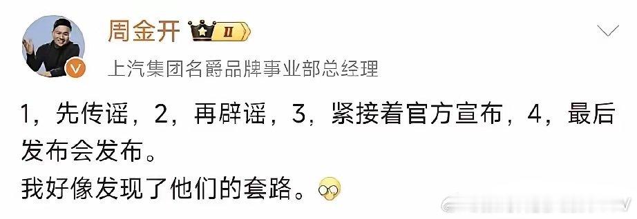 名爵总经理周金开：先传谣，再辟谣，紧接着官方宣布，最后发布会发布，好像是他们的套