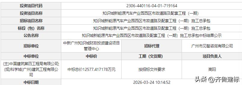 中建四局联合体中标1亿市政项目

2026年3月24日，广东某网站发布中标结果公