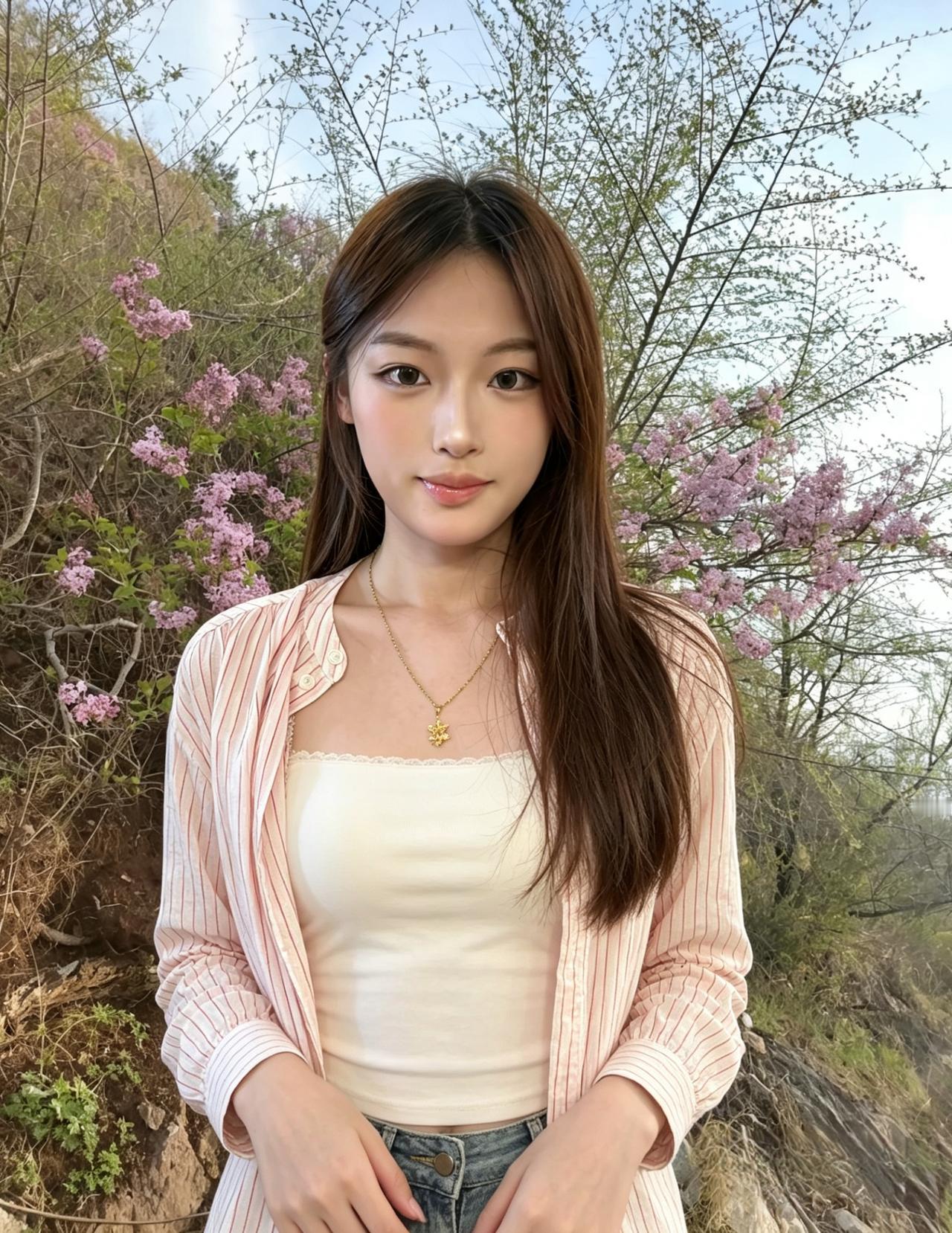 粉衫轻软衬芳颜，簇簇花开满野山。
静立春风人似玉，一身清婉自嫣然。