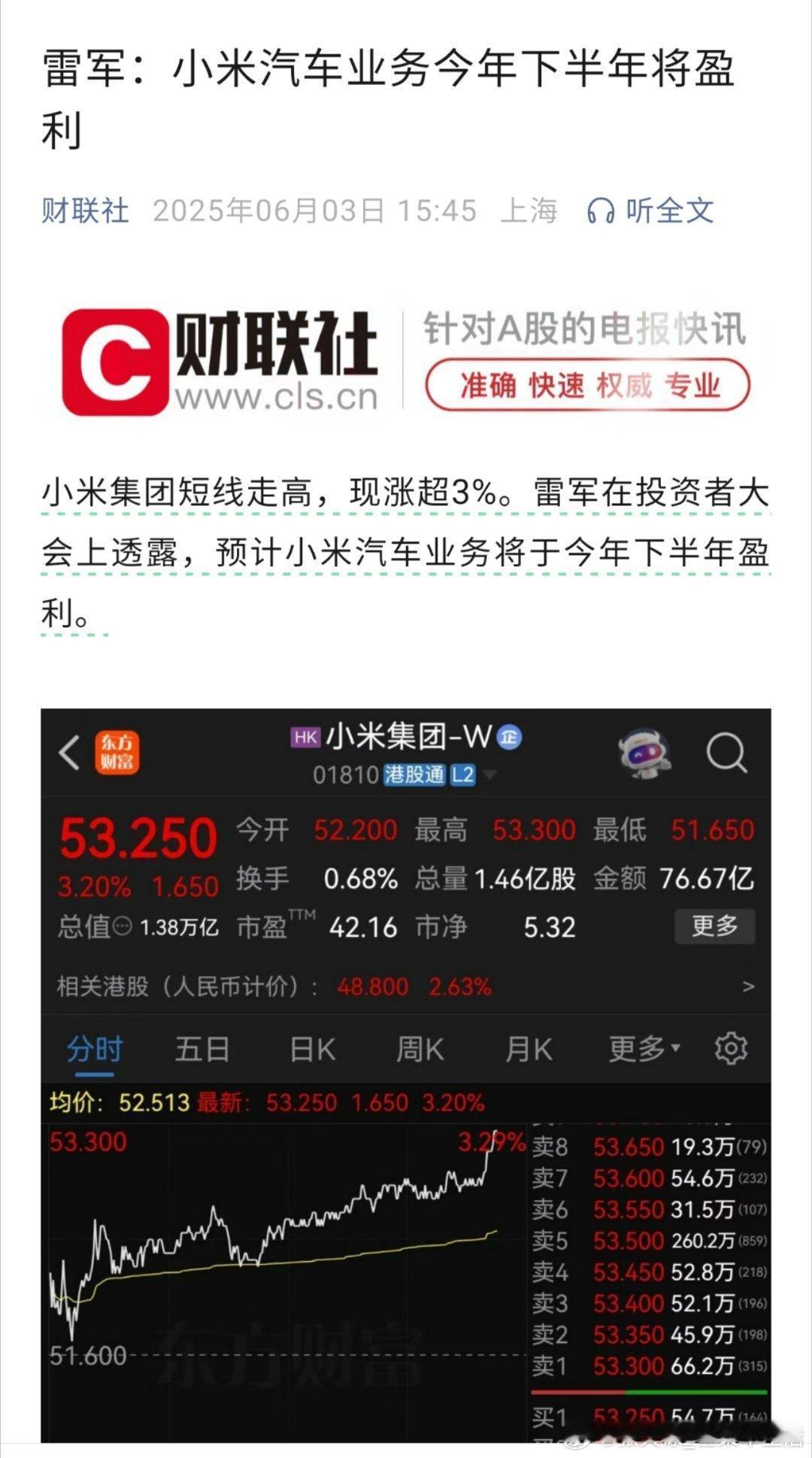 小米汽车 雷军在投资者大会上称，小米汽车业务将于今年下半年盈利[太阳]新能源汽车