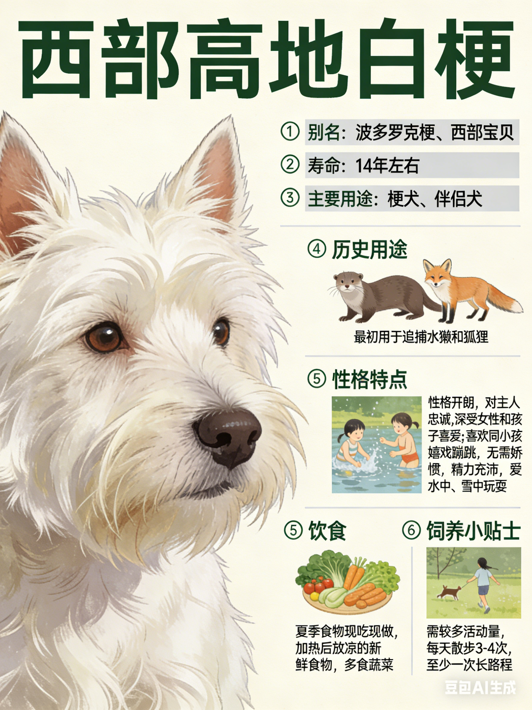 我AI的动物 西部高地白梗别名：波多罗克梗、西部宝贝寿命：14年左右主要用途：梗