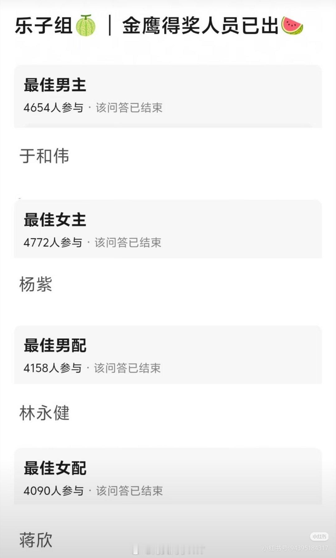 金鹰奖金鹰奖获奖名单漏出！网传金鹰奖获奖名单视帝于和伟、视后杨紫男配林永健、女配