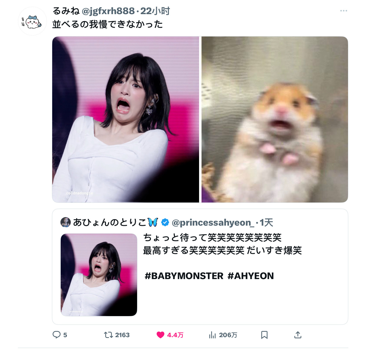 ahyeon郑雅贤4万👍🏻 表情包撞脸仓鼠🐹简直又可爱又好笑[笑cry] 