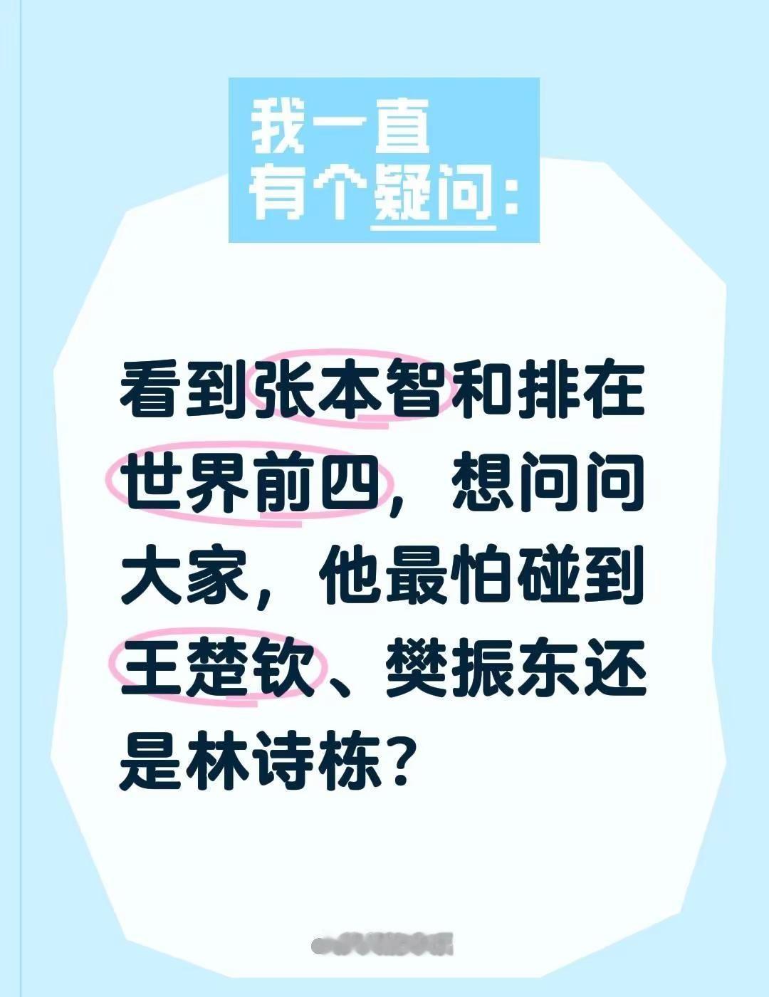 看到张本智和排在世界前四，想问问大家，他最怕碰到王楚钦、樊振东还是林诗栋？林诗栋