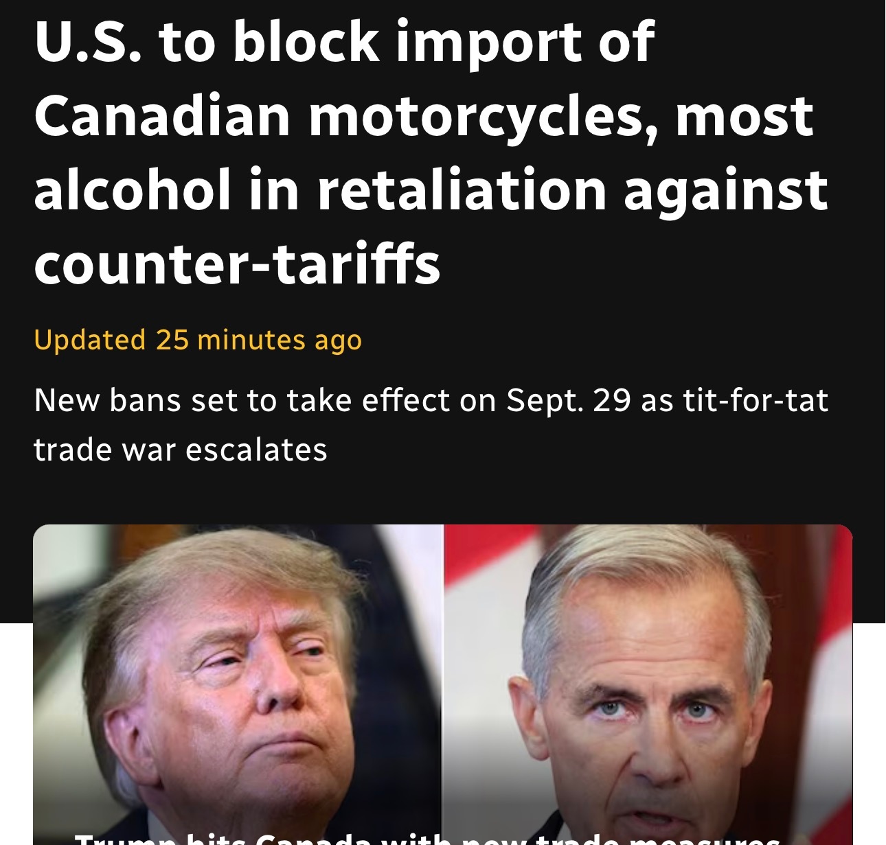 特朗普升级对加拿大贸易战：部分乳制品、多数酒类和摩托车将被禁止进口加拿大加拿大 