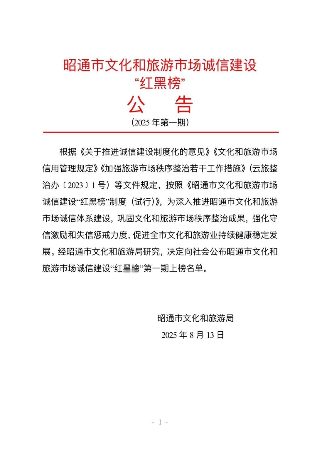 昭通市文化和旅游市场诚信建设“红黑榜”公告（2025年第一期），云南方优旅行社上