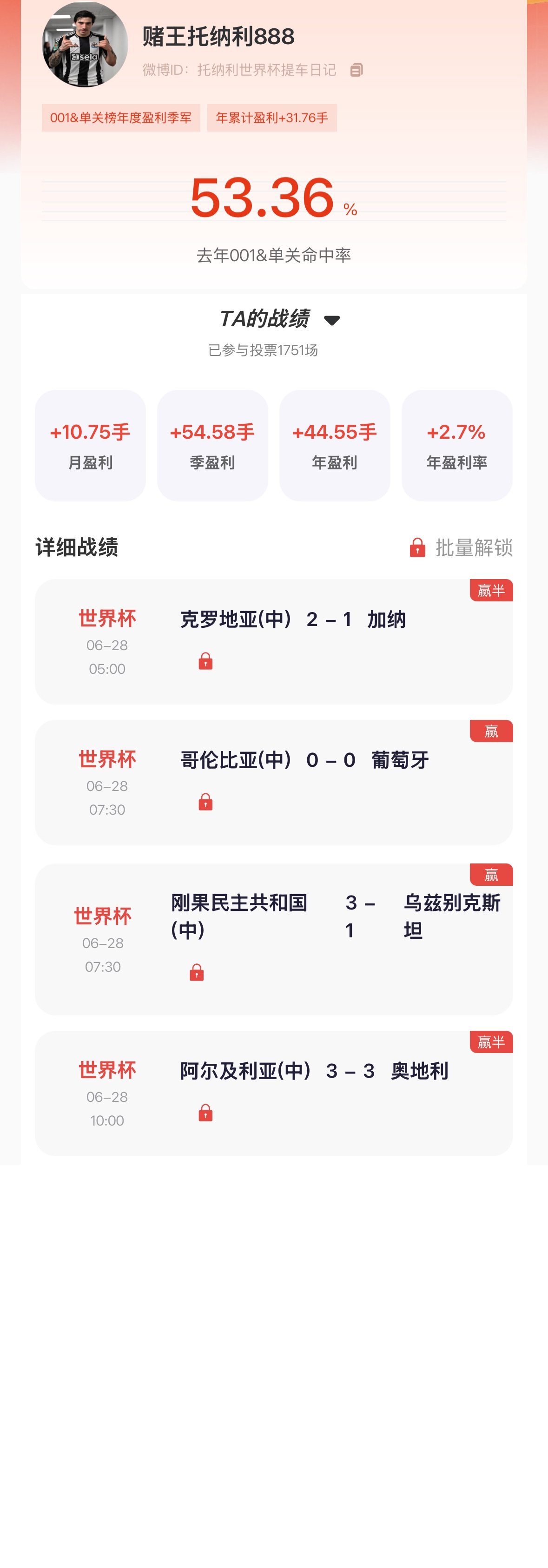 【“猜球”——民间高手】季榜第一 世界杯4场全中！ 001&单关月榜第一连续9天