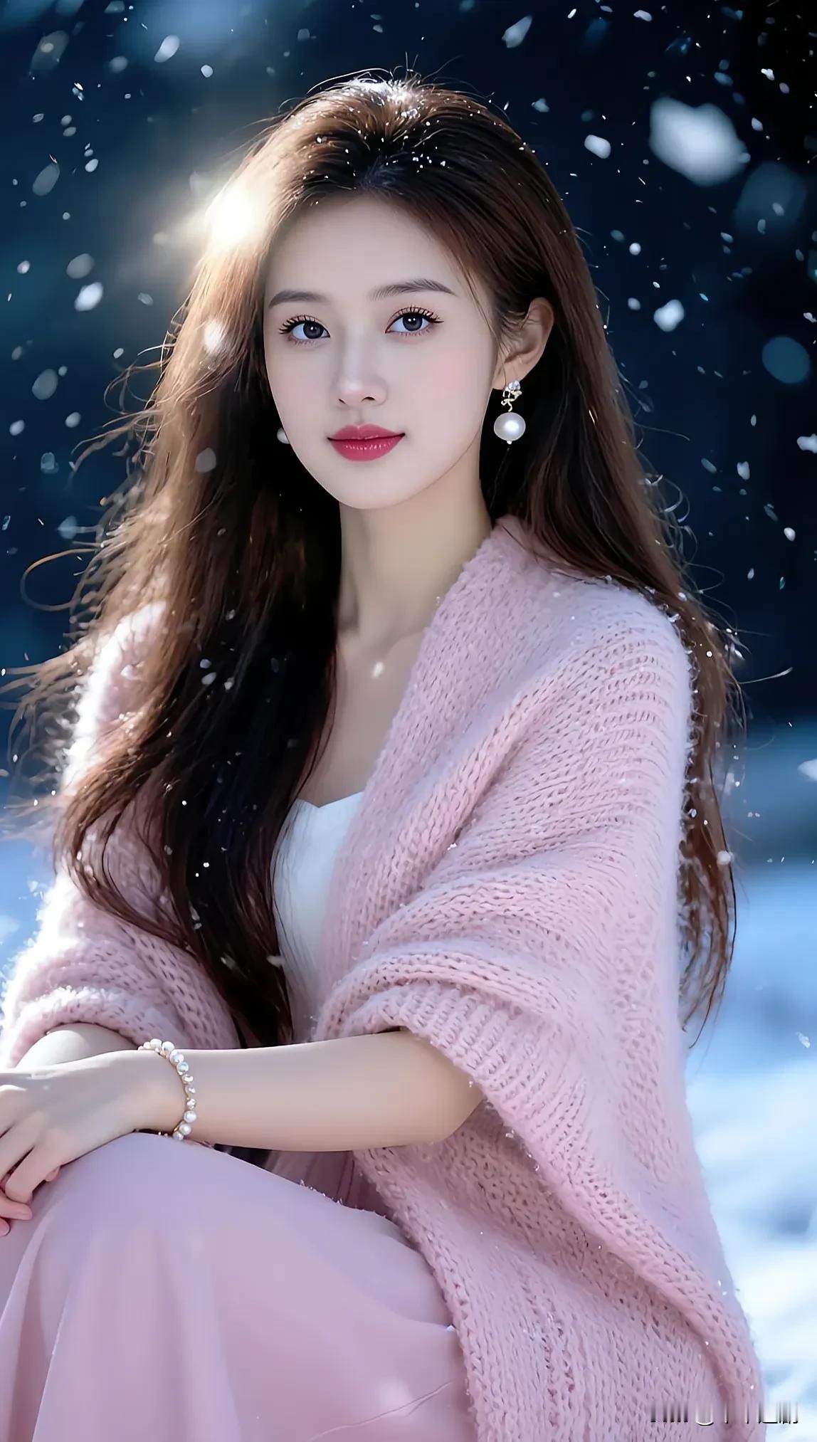 柔粉针织裹住冬日温柔，落雪与珠光相映，在寒夜里揉出一抹甜暖的光。
粉纱花衣美人 