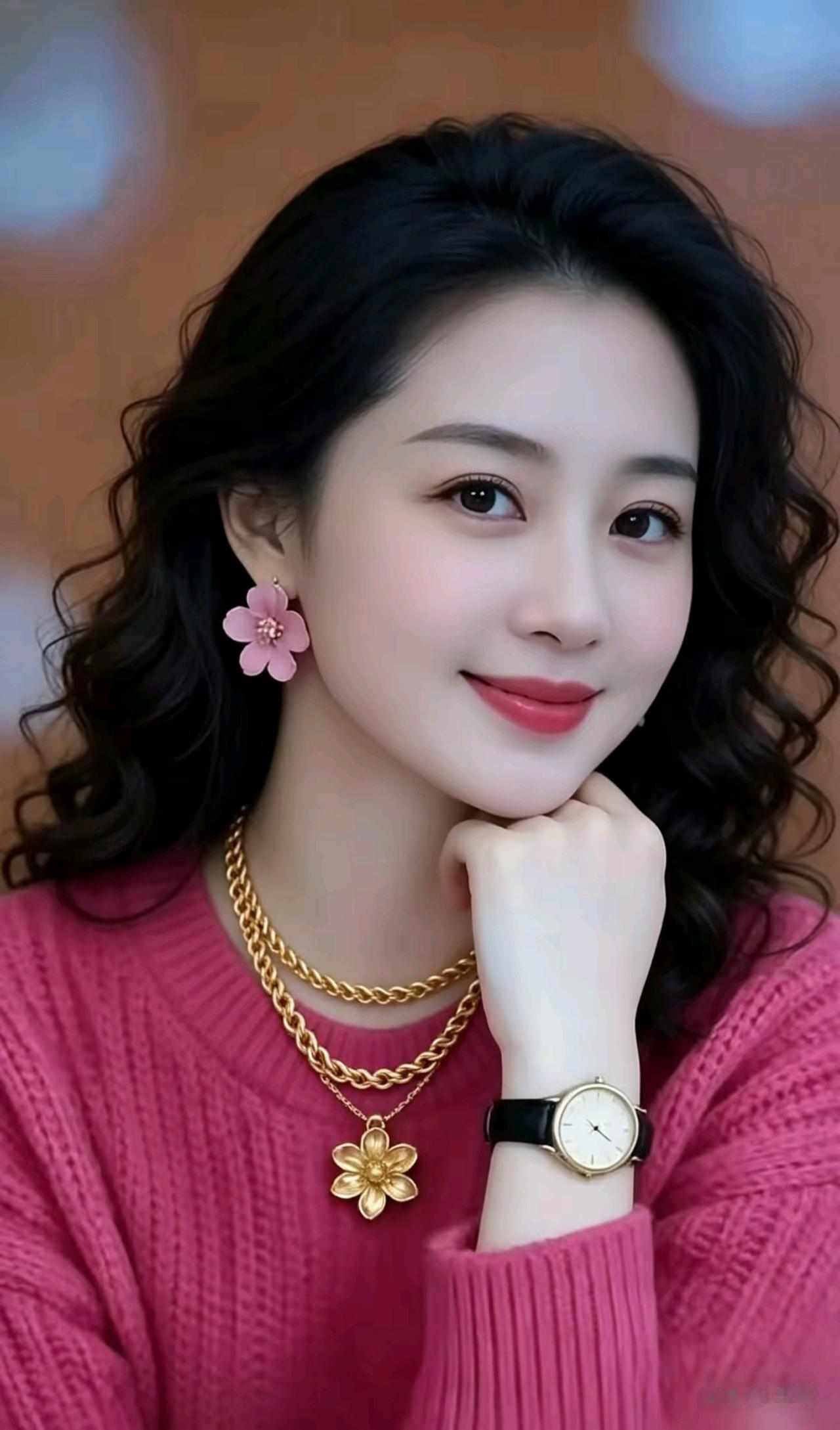 芳颜雅韵
卷发似云衬丽容，
粉坠盈光映颊红。
玫衫柔婉添灵秀，
金链玲珑映玉丛。
