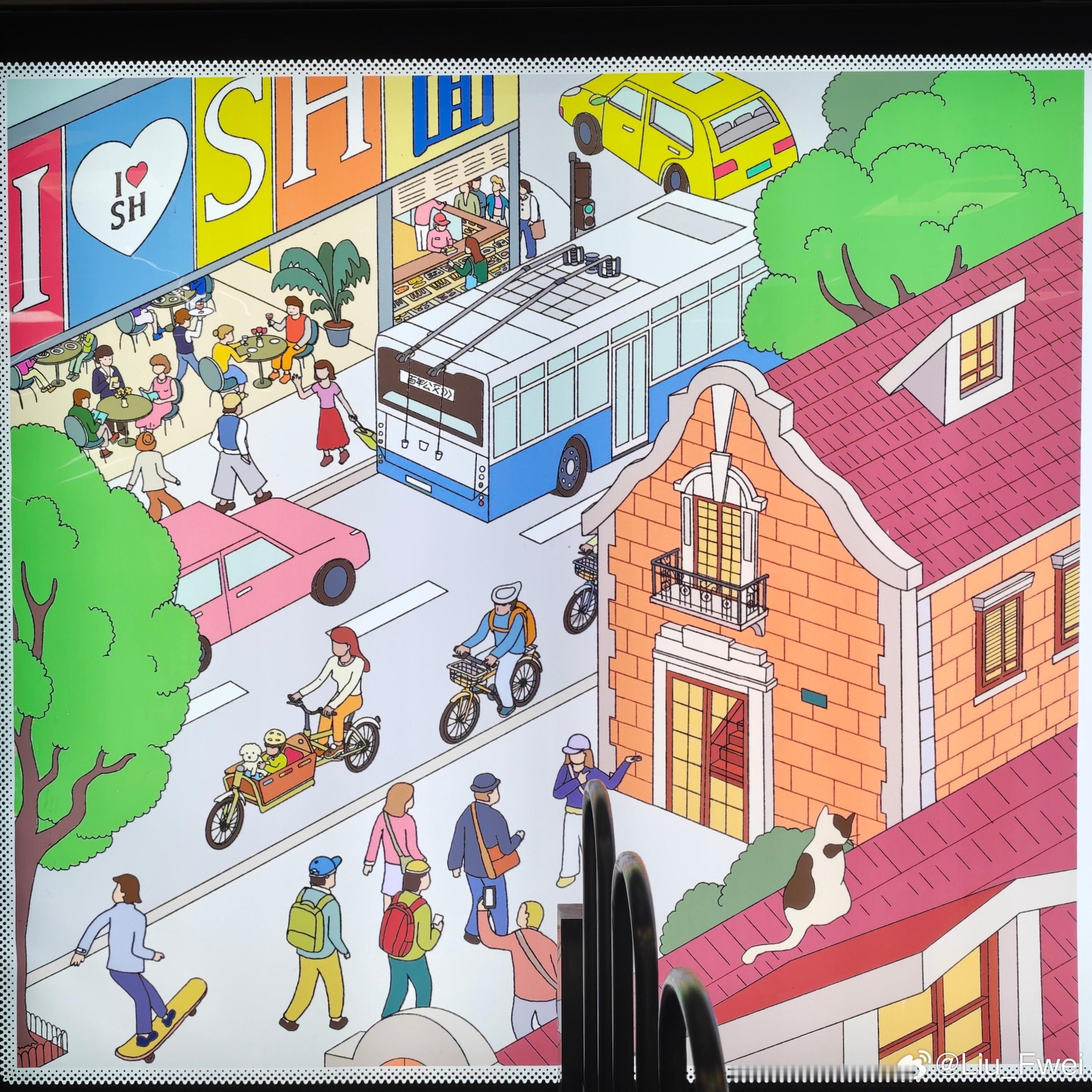 无轨电车再次登上了上海城市插画。这次是南京西路地铁站插画。这副插画非常写实，因为