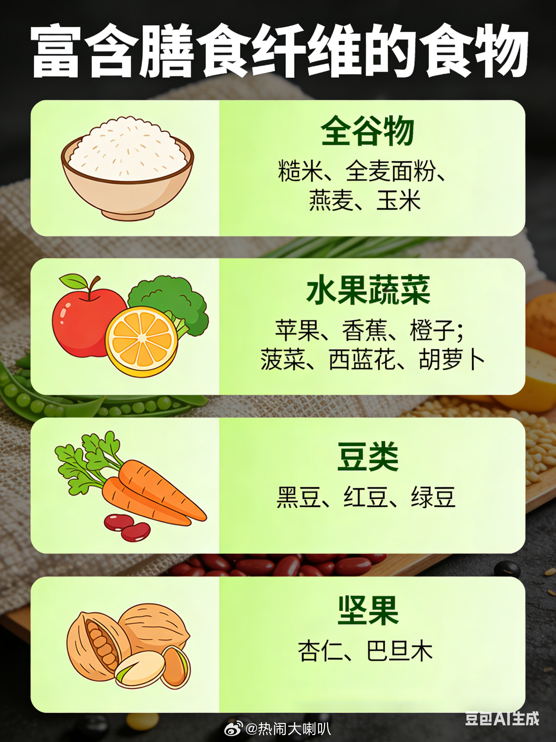 熬夜的人要多吃一类食物补救方案就是富含膳食纤维的食物：✅️ 全谷物，如糙米、全麦