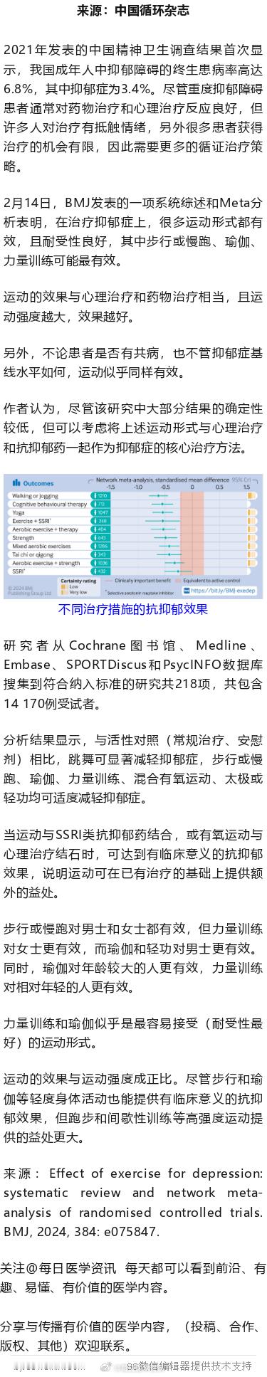 抗抑郁，哪些运动效果最好？BMJ文章2月14日，BMJ发表的一项系统综述和Met