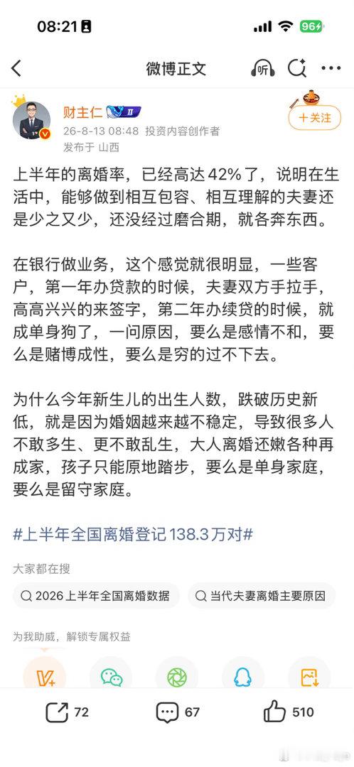 上半年全国离婚登记138.3万对结婚率低，离婚率高，其最核心的原因是，女性变得越