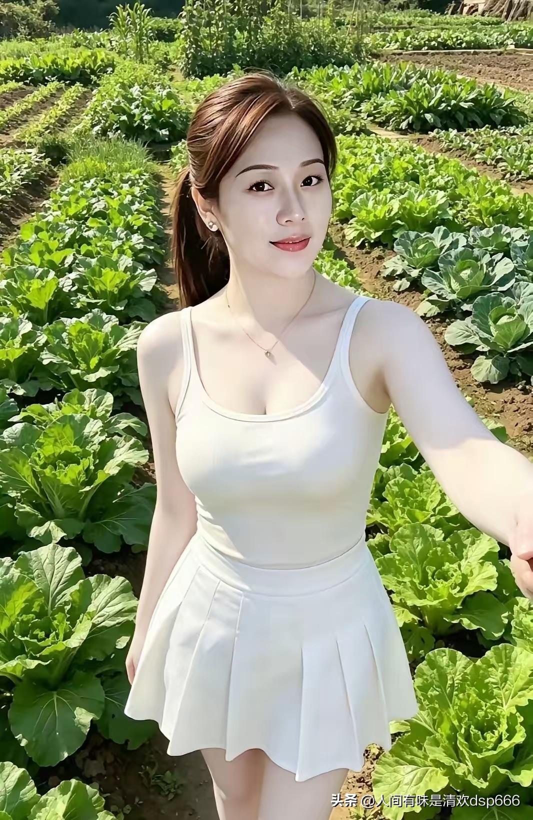 看这位乡村美女，美的自然，身后满是青绿的菜园，泥土混着菜叶的清新扑面而来。

没