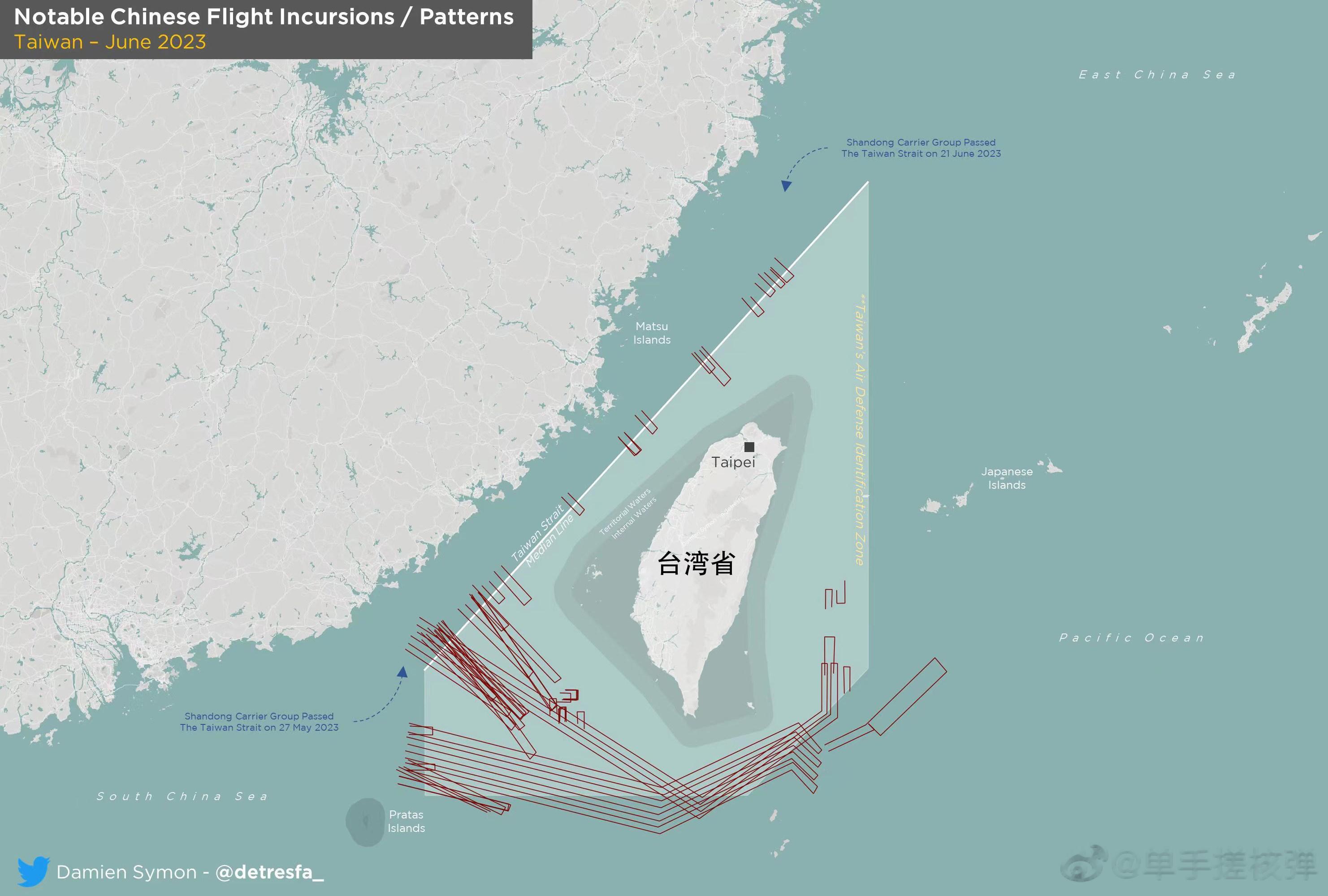 6月份，解放军巡航台岛周边航迹图一览！从航迹图上来看，巡航频率上相比前几个月似乎