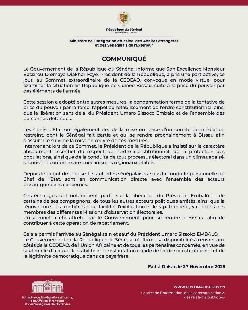 几内亚比绍前总统恩巴洛抵达塞内加尔。
塞内加尔非洲一体化和外交部27日晚发布声明