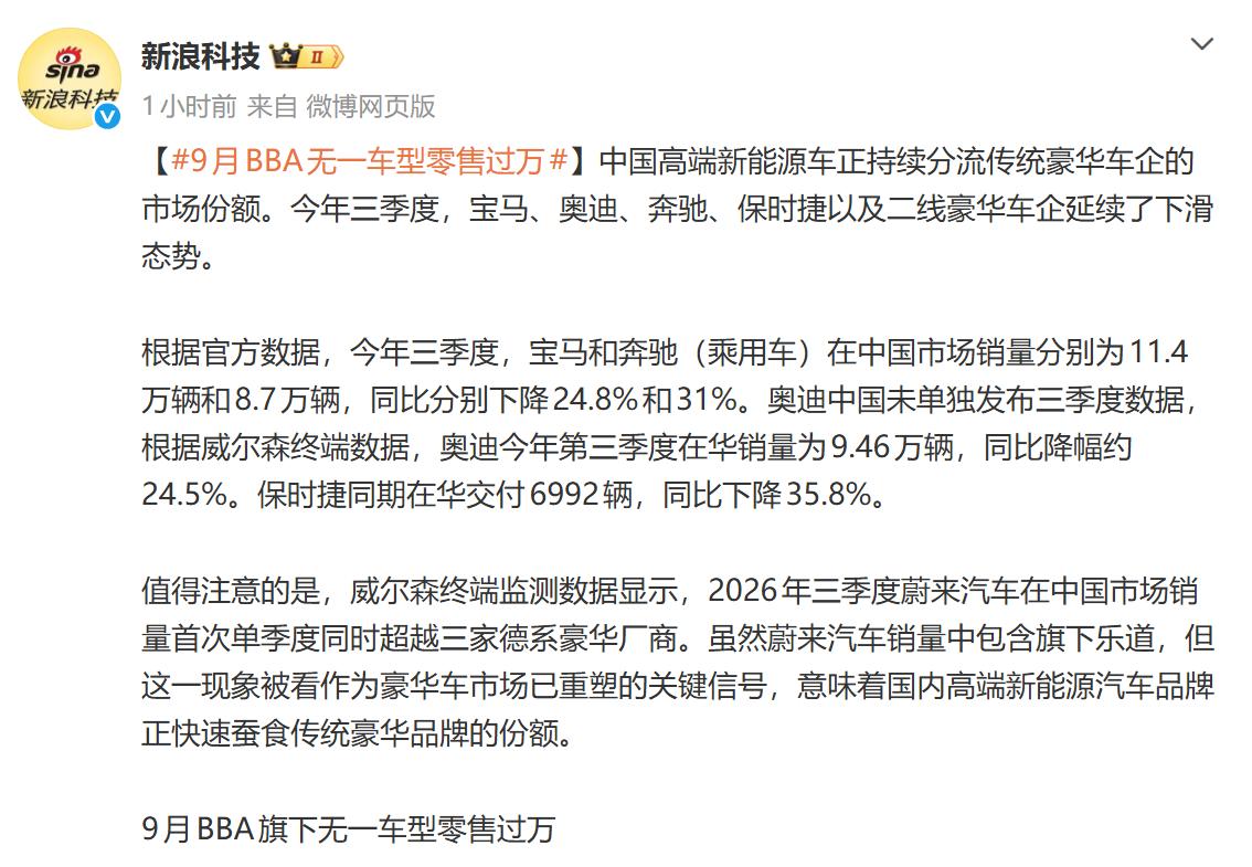 国外豪华品牌全线退守，新的时代来临！
9月BBA无一车型零售过万，今天的这条消息