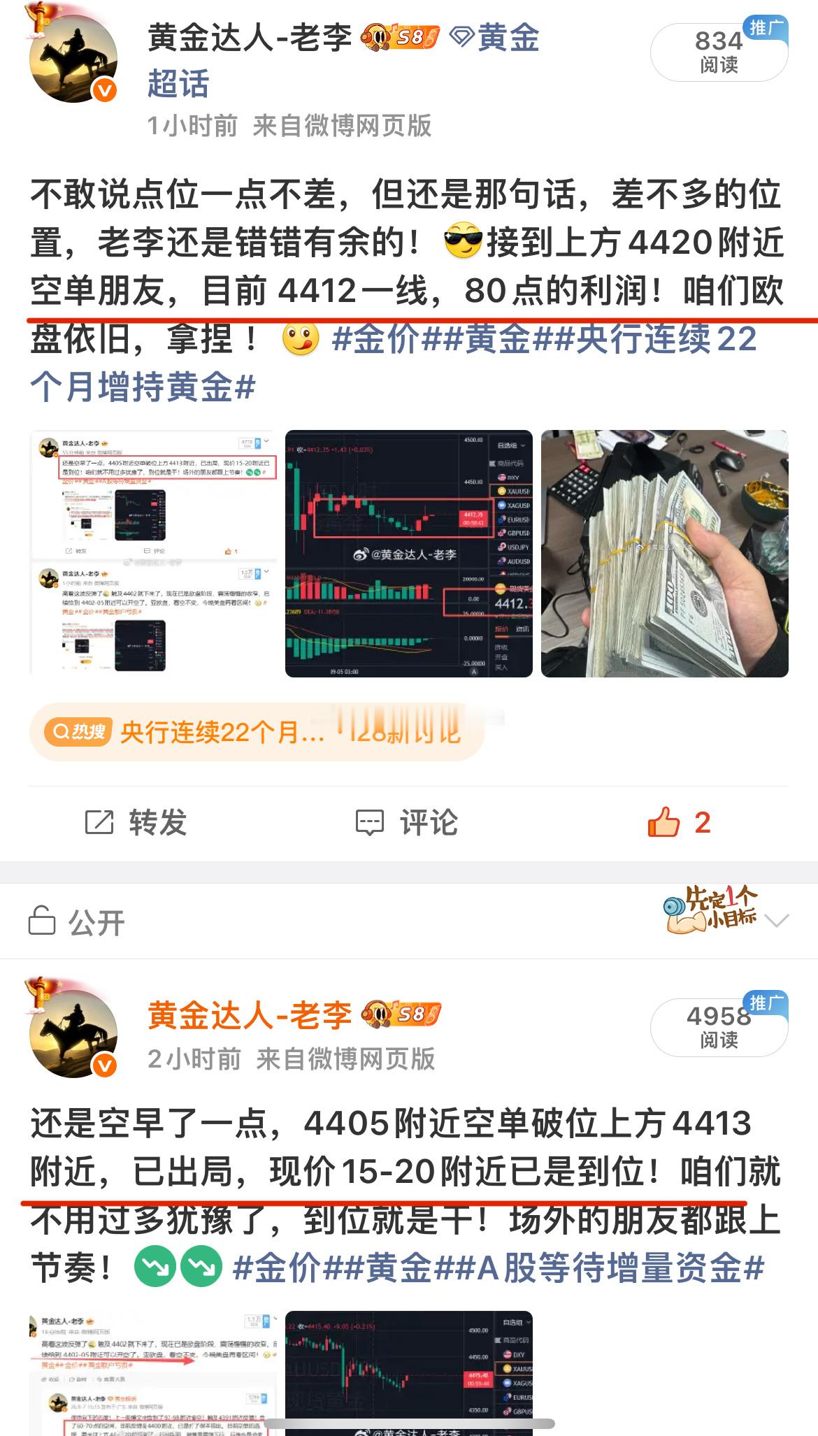 欧盘反弹上去4423附近后，目前行情再次走下行，咱们4420附近的空单也跑出了不