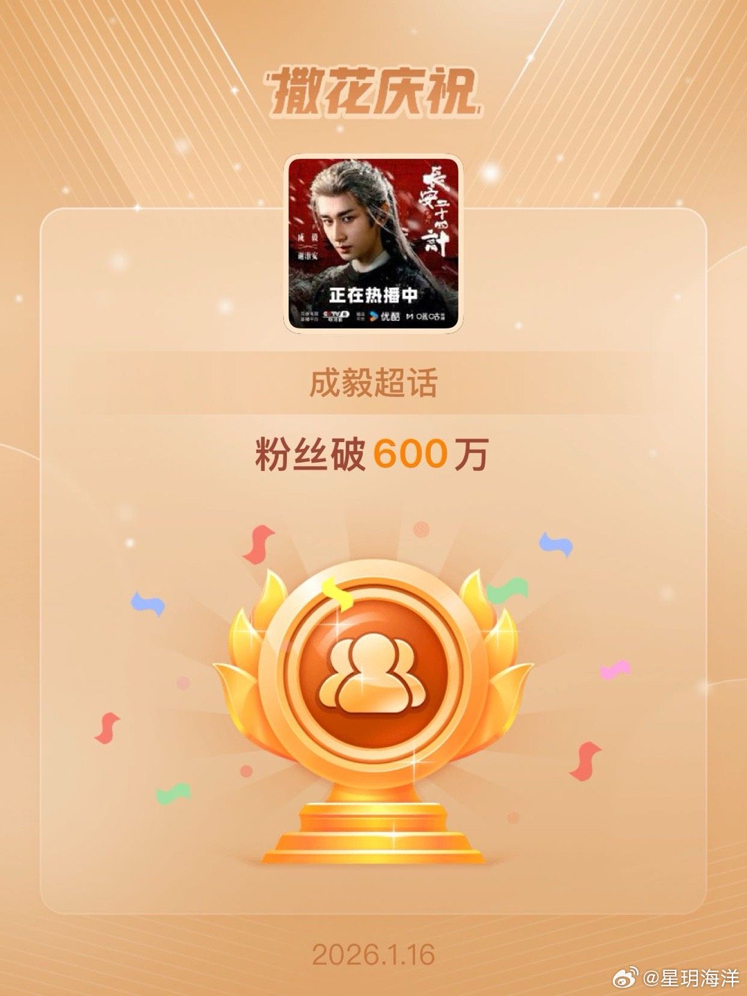 成毅恭喜成毅超话粉丝破600万 开心🥳 
