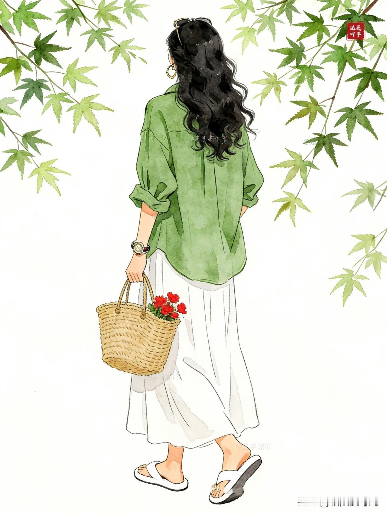 风遇山止，花随心动，人间皆是温柔日常。
是芋泥吖时尚穿搭插画微信头像分享（52）