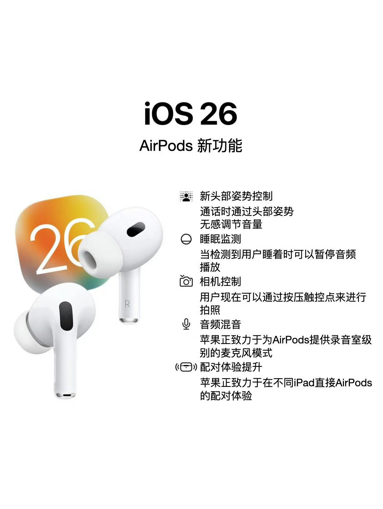 iOS26将会给AirPods带来一些新升级，比如头部姿势控制，点头可以接听电话