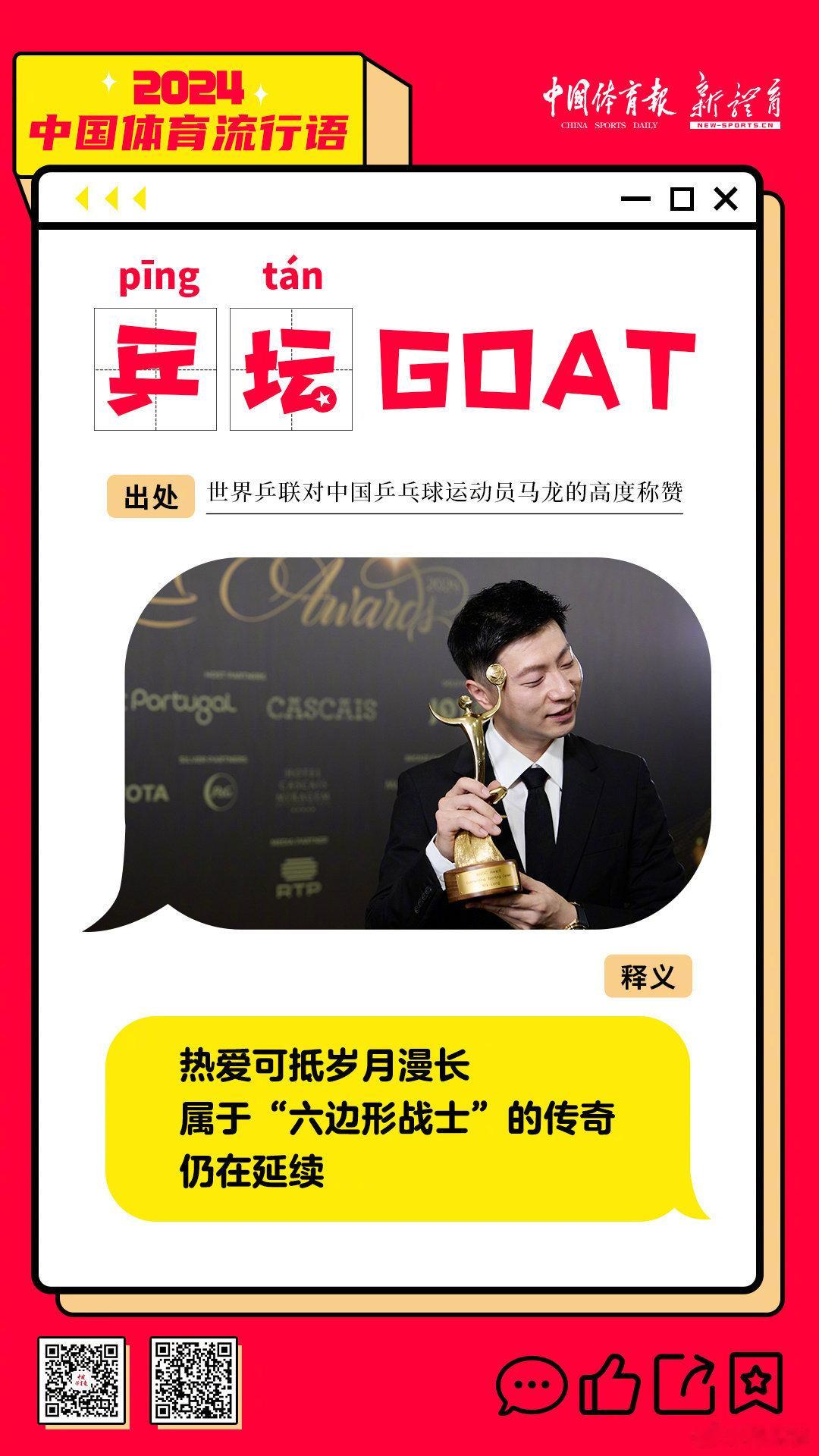 【乒坛GOAT】出处：世界乒联对中国乒乓球运动员马龙的高度称赞。 