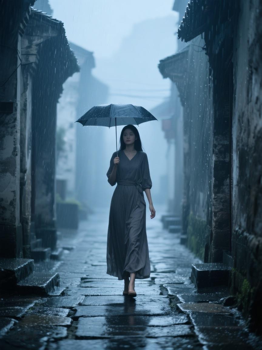AI妙生图雨巷中，油纸伞下的身影，在朦胧里穿行，每一步，都是与岁月的低语。