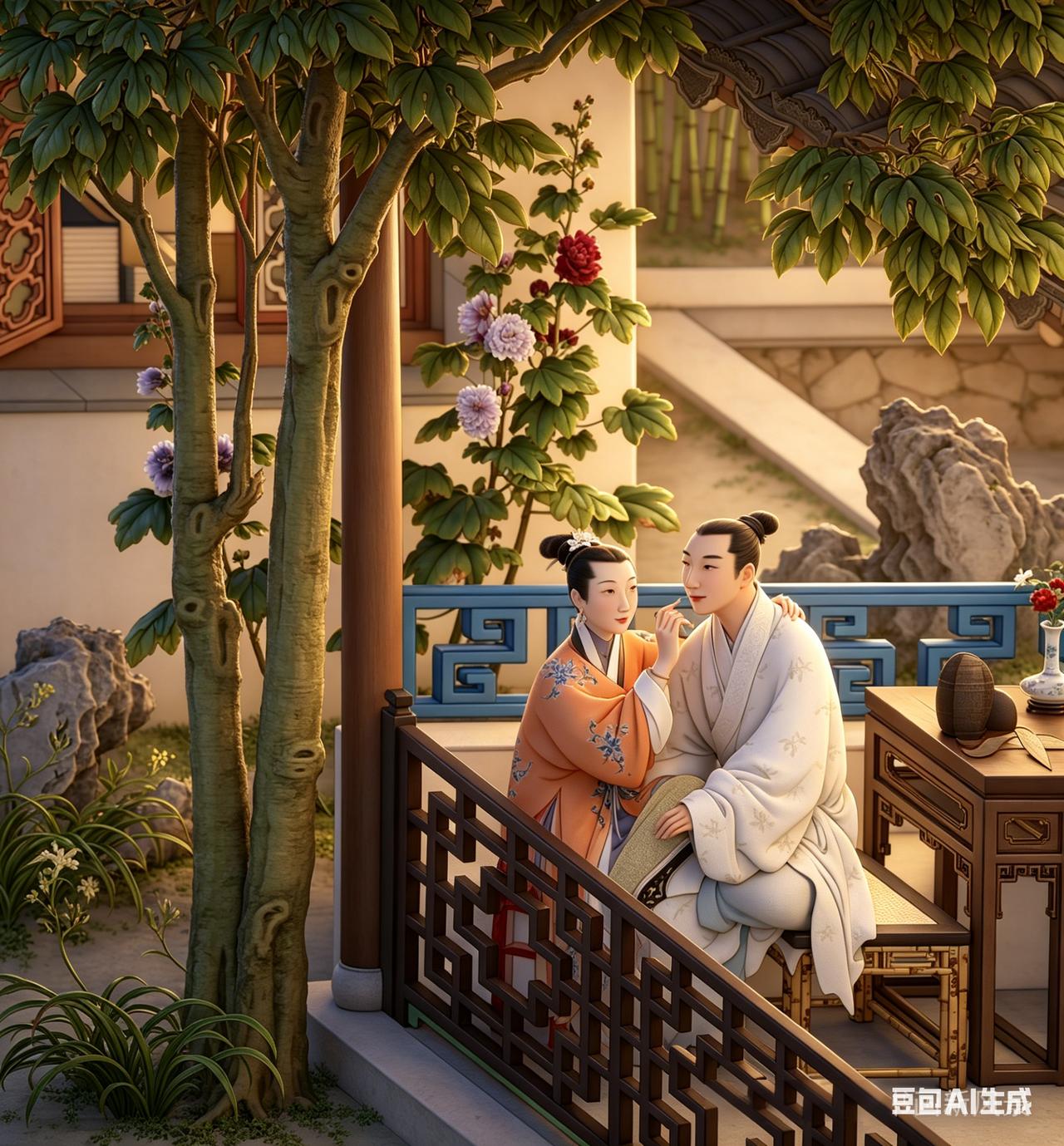 画中的这对夫妻在干嘛？你看清了吗？
可不是涂口红哦，放大一看，原来是在给夫君拔胡