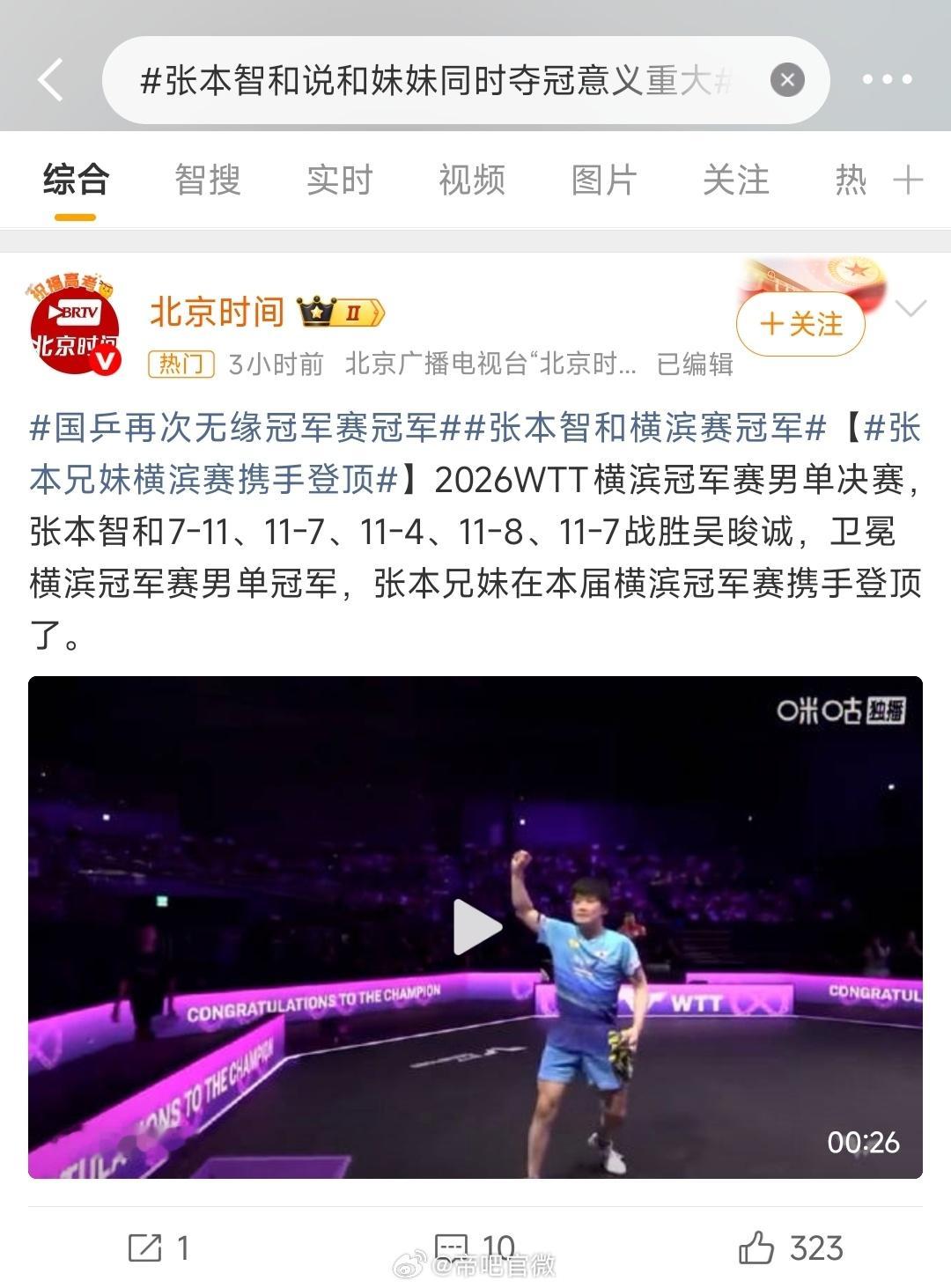 玩流量，搞粉圈，败了又不耽误接代言。国乒再次无缘冠军赛冠军张本智和说和妹妹同时夺