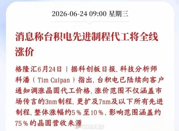 6.24芯片半导体反弹催化：台积电先进制程全线涨价一、涨价核心消息分析师爆料台积