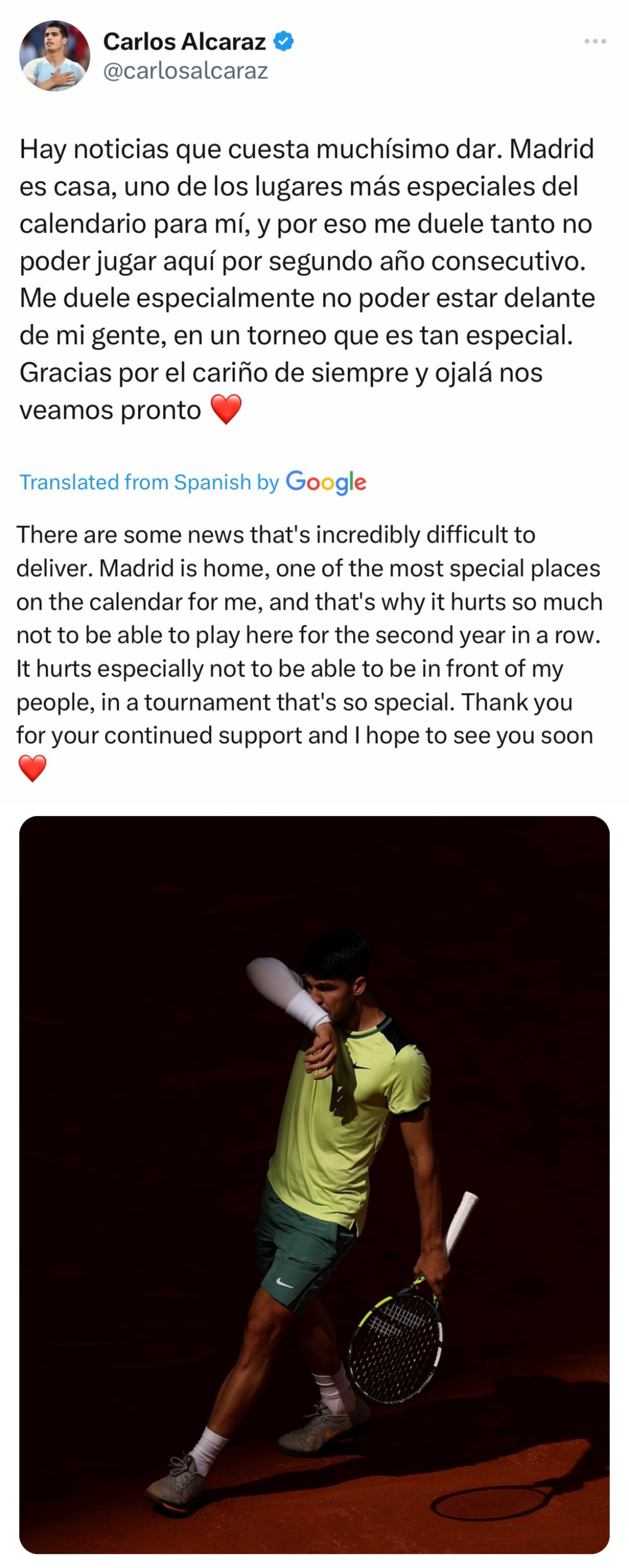 阿尔卡拉斯退出马德里赛 Breaking News：在本周的巴塞罗那站因伤退赛的