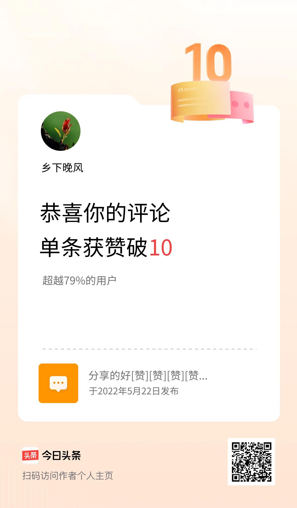 我在头条的单条评论累计被点赞10次啦！