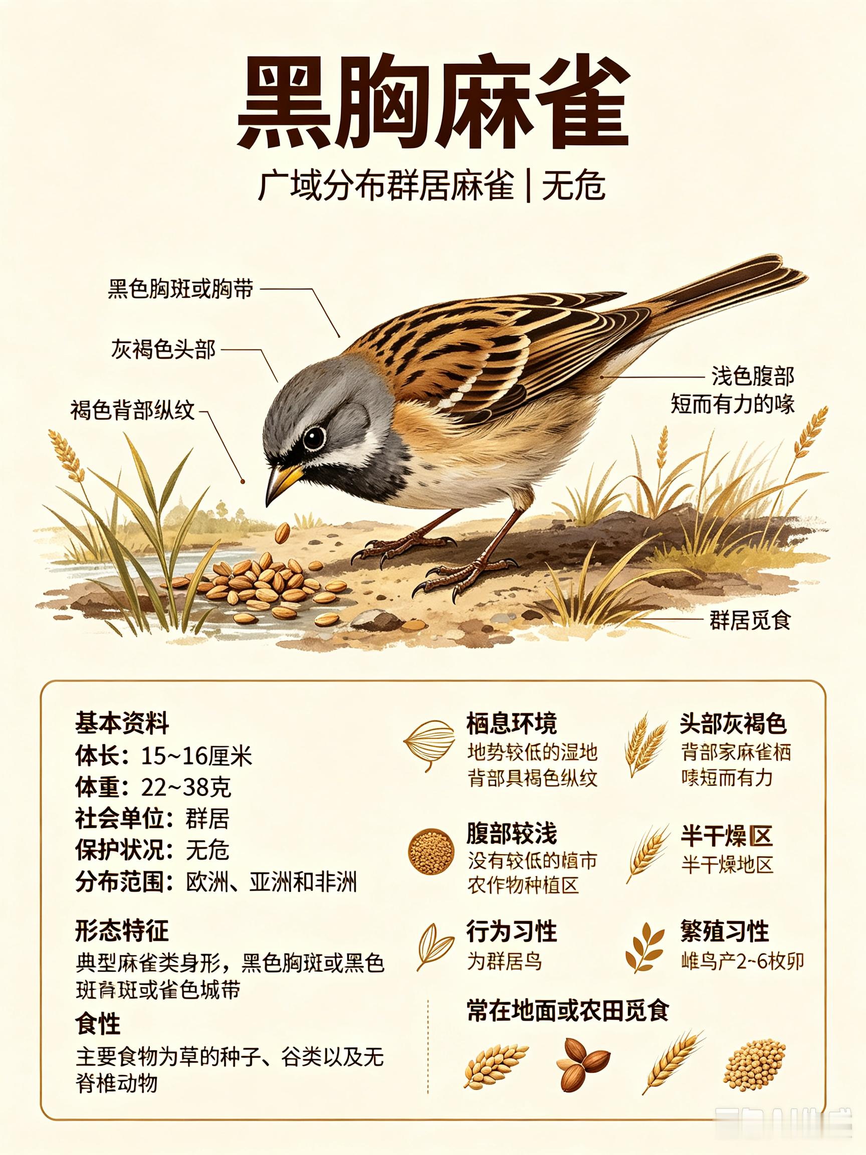 鸟类朋友图鉴 黑胸麻雀体长：15~16 厘米体重：22~38 克社会单位：群居保