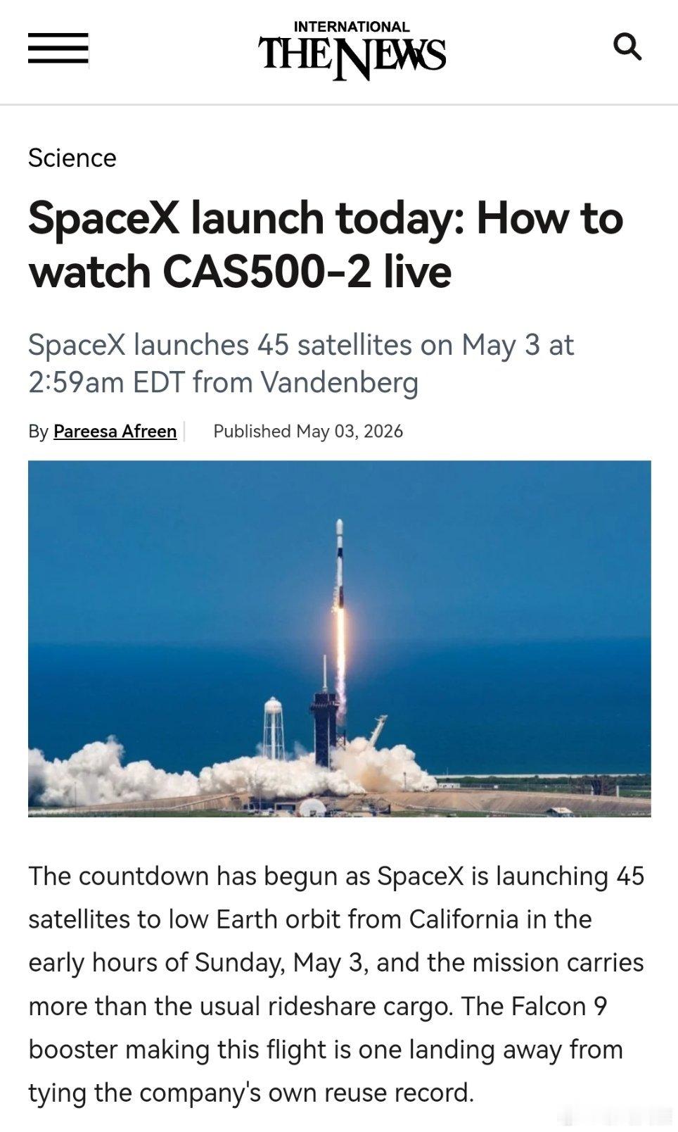 SpaceX 于美国东部时间 5 月 3 日凌晨 2 点 59 分从范登堡空军基