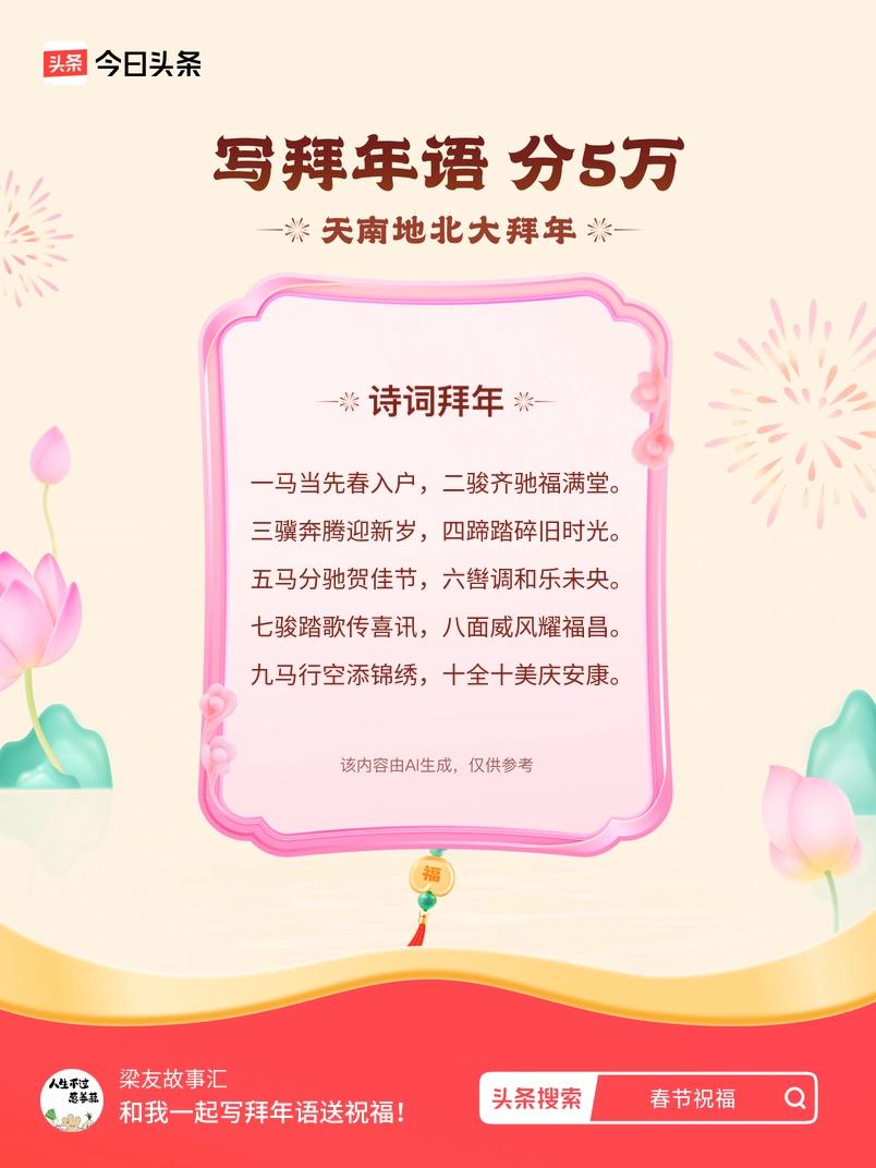 写拜年语送祝福新春拜年送祝福！我的祝福是：“一马当先春入户，二骏齐驰福满堂。三骥